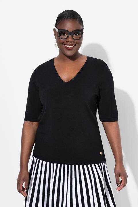 Produktbild Ulla Popken Pullover, elastischer Saum, V-Ausschnitt, Halbarm (58)