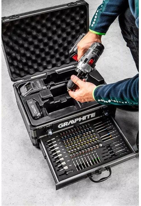 Actual product image Graphite Energy + set in aluminum housing: drill 2x18V (Rechargeable battery operated)