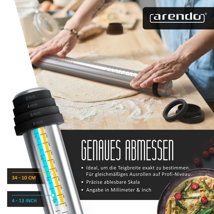 Produktbild Arendo Nudelholz / Nudelrolle Edelstahl, Silikonringen, aufgedruckte Skala, Korrosionsbeständig, hygienisch