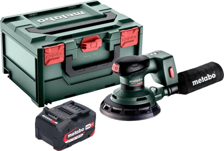 Schleifteller "multi-hole" mit Kletthaftung, Haftschleifblatt P 120 Holz und Metall "professional", Textil-Staubbeutel, Sechskantschlüssel, Metabo Li-Power Akkupack 18 V 4,0 Ah CAS Akku, metaBOX 215