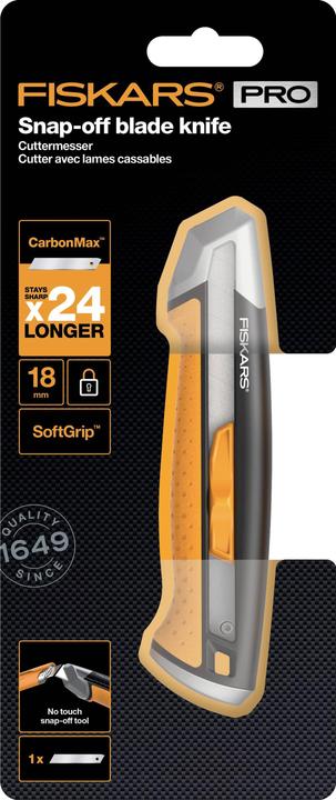 Produktbild Fiskars Cuttermesser, Länge 16,5 cm, Inklusive Klinge (18mm), Rostfreier Stahl/Kunststoff, Schwarz/O (Cutter)