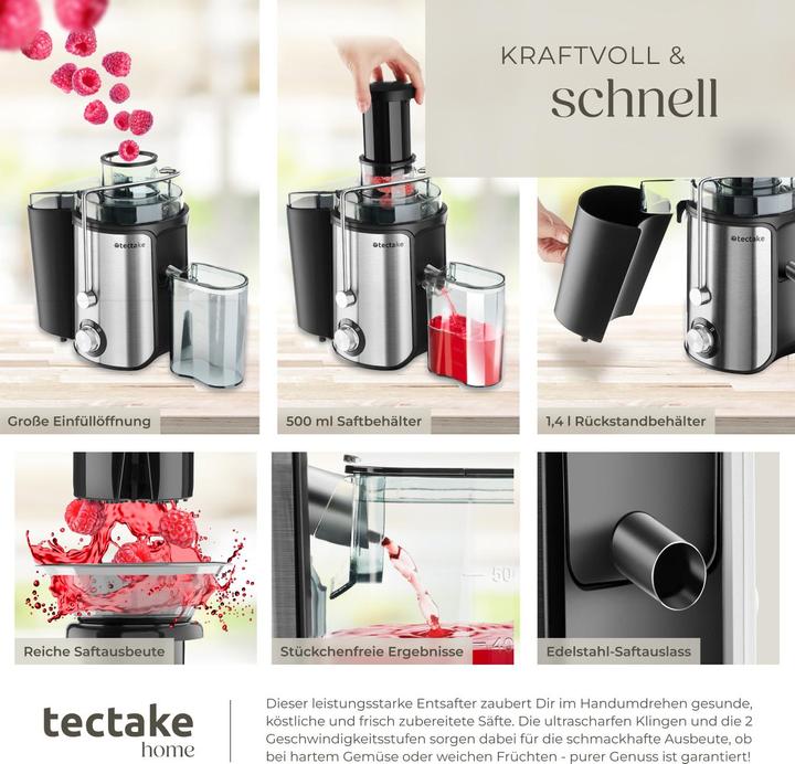Produktbild tectake Entsafter Frufi, 2 Geschwindigkeitsstufen, Edelstahl, 600W