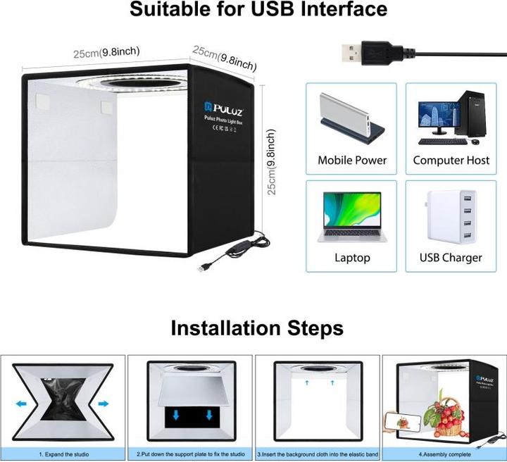 Produktbild Puluz 25cm Folding Portable 3 Modes Ring Light Shooting Tent Box + 6 Dual-side Color Backdrops (Black) (Aufnahmebox)