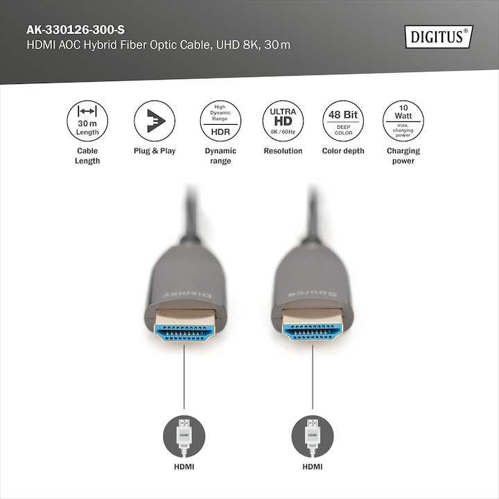 Actual product image Digitus HDMI® AOC Hybrid Fiber Optic Cable, UHD 8K, 30 m (30 m, HDMI)