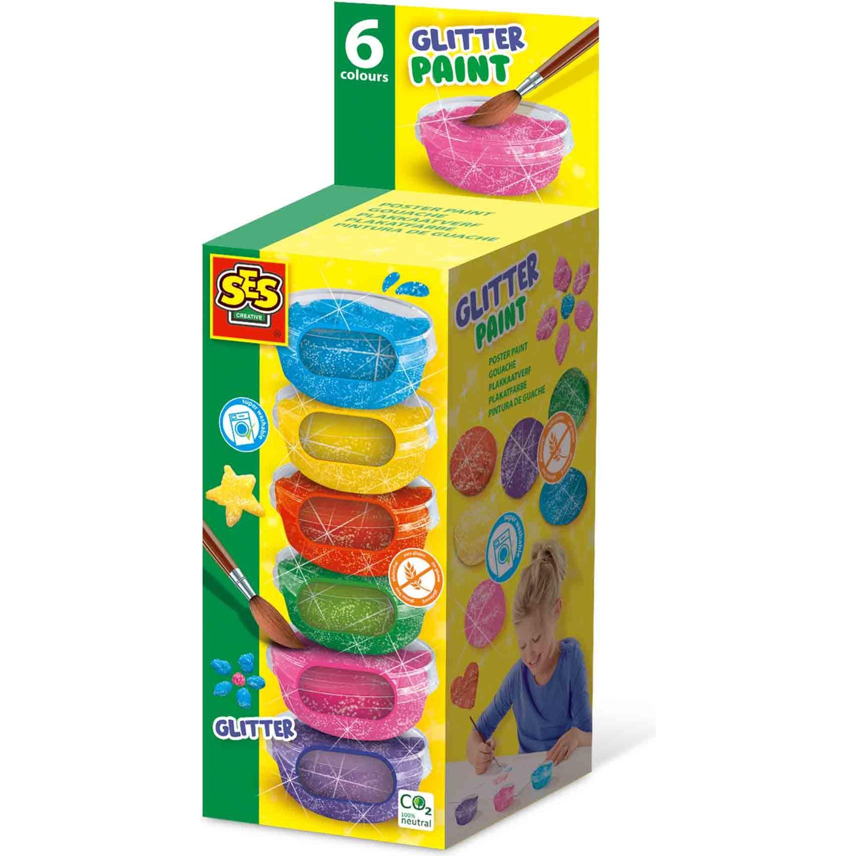 Ses, Künstlerfarbe + Bastelfarbe, 00384 Glitter Paint Plakatfarbe 6x45ml (Blau, Pink, Violett, Rot, Gelb, Grün, 270 ml)