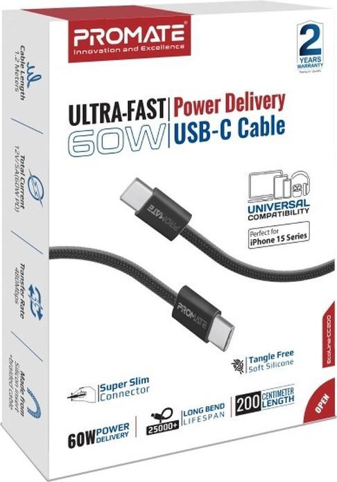 Produktbild ProMate EcoLine-CC200 Black USB-C Kabel (2 m, USB 2.0, 60 W)