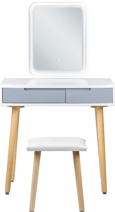 Beliani Schminktisch mit 2 Schubladen, LED-Spiegel und Hocker Weiss/Grau DIEPPE (80 x 40 x 134 cm)