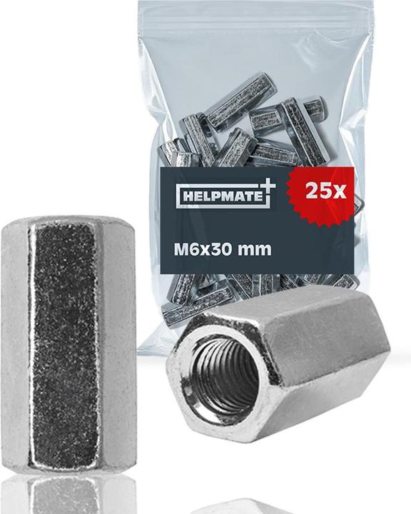 Helpmate Verlängerungsmutter M6 × 30 × 10 mm, Stahl, verzinkt, sechskantig (M6)