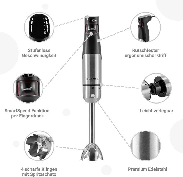 Produktbild KLAMER Stabmixer Set 1000 Watt, 4 in 1 Pürierstab Edelstahl mit SmartSpeed per Fingerdruck, ink…