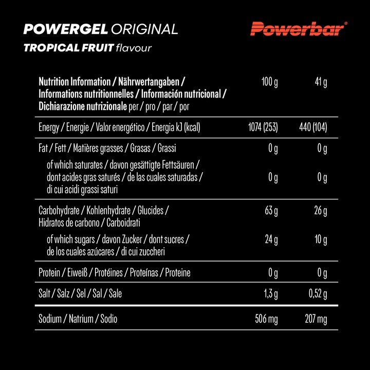 Nutritional values and ingredients Powerbar PowerGel Original (Tropical fruit, 24 pcs., 984 g)