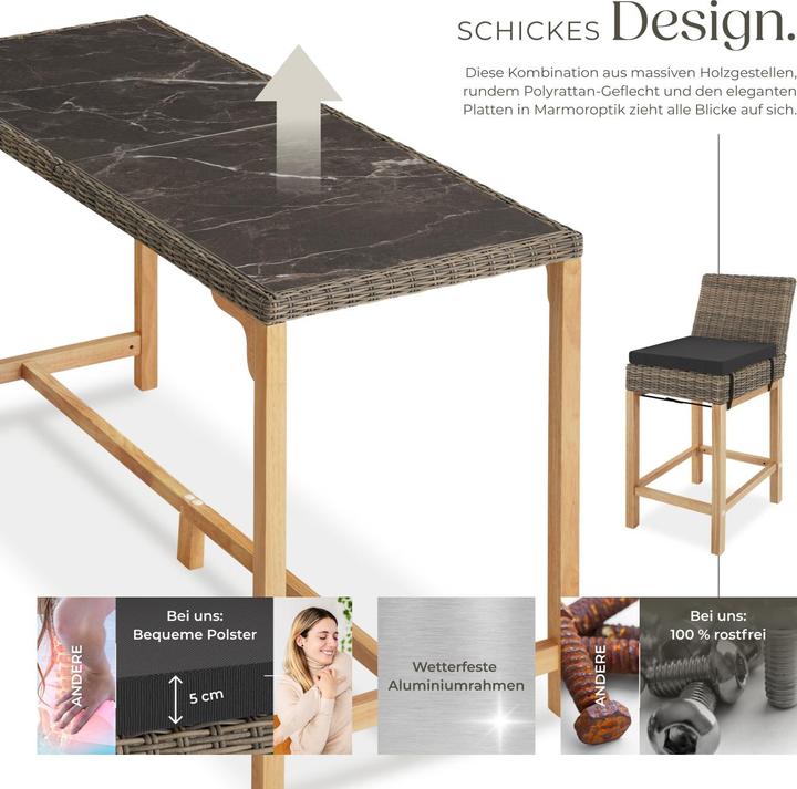 Produktbild tectake Rattan Bartisch Lovas mit 4 Stühlen Latina (161 x 64.50 x 99.50 cm)