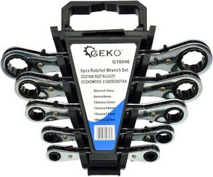 Produktbild GEKO Ratschenschlüssel-Satz 5-tlg., 6-22 mm, Kunststoffhalter (12 mm, 17 mm, 7 mm, 15 mm, 16 mm, 20 mm, 8 mm, 6 mm, 18 mm, 9 mm, 21 mm, 10  mm, 13 mm, 19 mm, 22 mm, 14 mm, 11 mm)