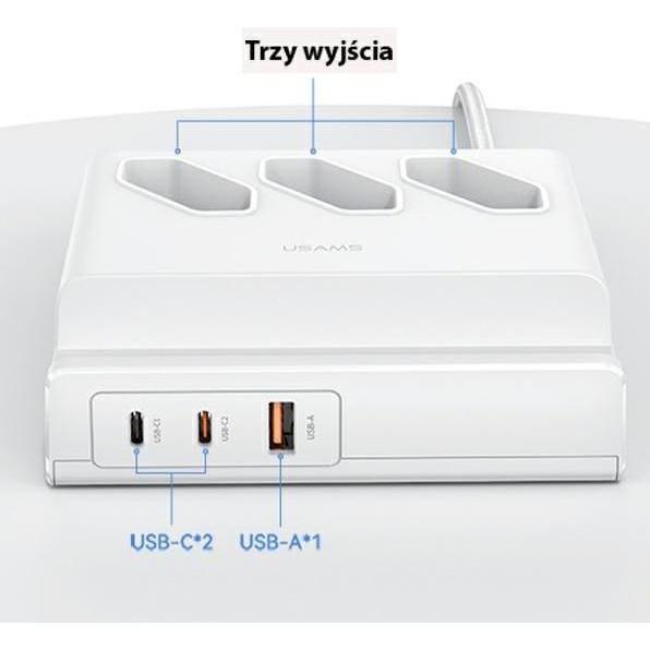 Usams, Ciabatta multipresa, Dock USB di ricarica veloce Super SI da 65W - Bianco (6 x, USB-C, USB-A, 2 m)