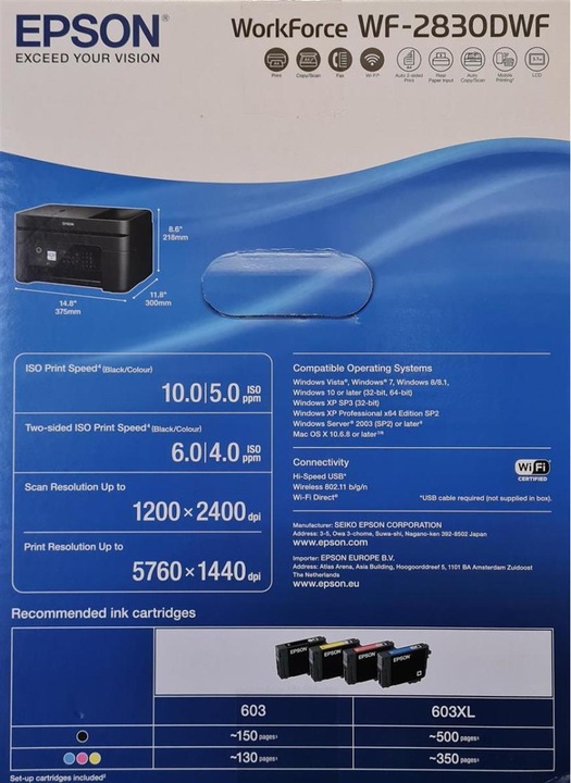 Actual product image Epson WorkForce WF-2830DWF (Ink, Colour)