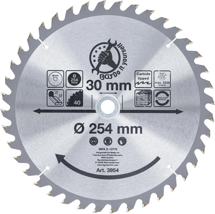 BGS Lama per sega circolare con punte in metallo duro Ø 254 x 30 x 3,2 mm 40 denti