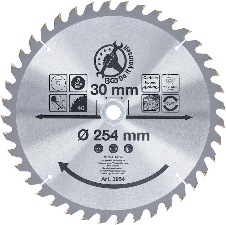 Immagine prodotto BGS Lama per sega circolare con punte in metallo duro Ø 254 x 30 x 3,2 mm 40 denti