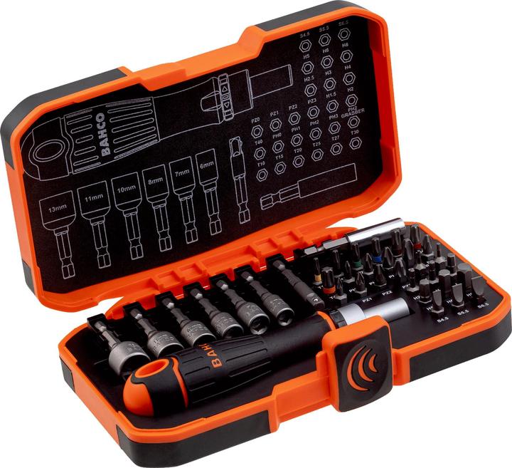 Actual product image Bahco 1/4" bit set with ratchet screwdriver for slotted, Phillips, TORX, Pozidriv and hexagon socket (1/2", 1/4", 3/4", 3/8", 5/16", 1/8)