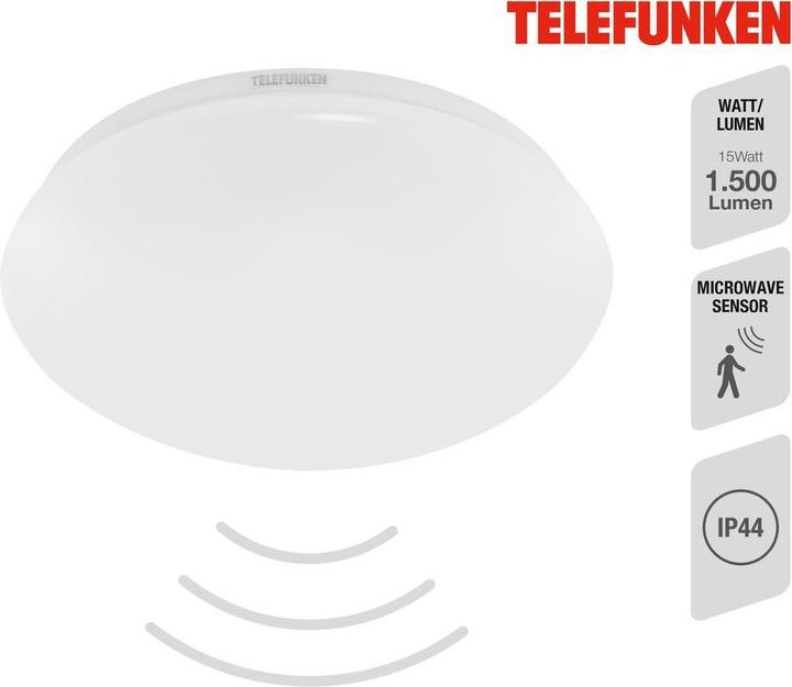 Produktbild Telefunken LED Sensor Deckenleuchte IP44 15W 1500m 4000 K neutralweiss HxØ 95/280 mm weiss (1500 lm)