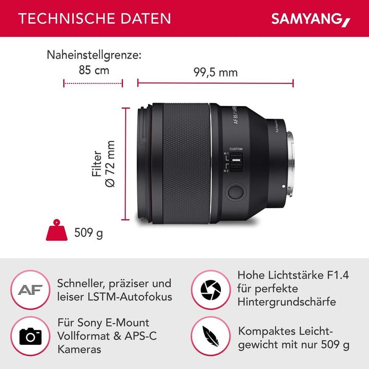 Productafbeelding Samyang AF 85mm F1.4 FE II voor Sony E (Sony E, Volledig formaat)