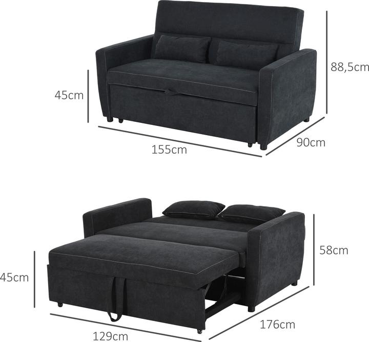 Produktbild Homcom Schlafsofa Eukalyptusholz, Samt Schwarz (2-Sitzer)