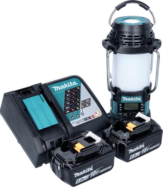 Image du produit Makita DMR056RG Radio de chantier sans fil FM/DAB+ IP65 360° 18V avec lanterne + 2x Batteries 6,0Ah (AM, DAB+ DAB, FM, Bluetooth)