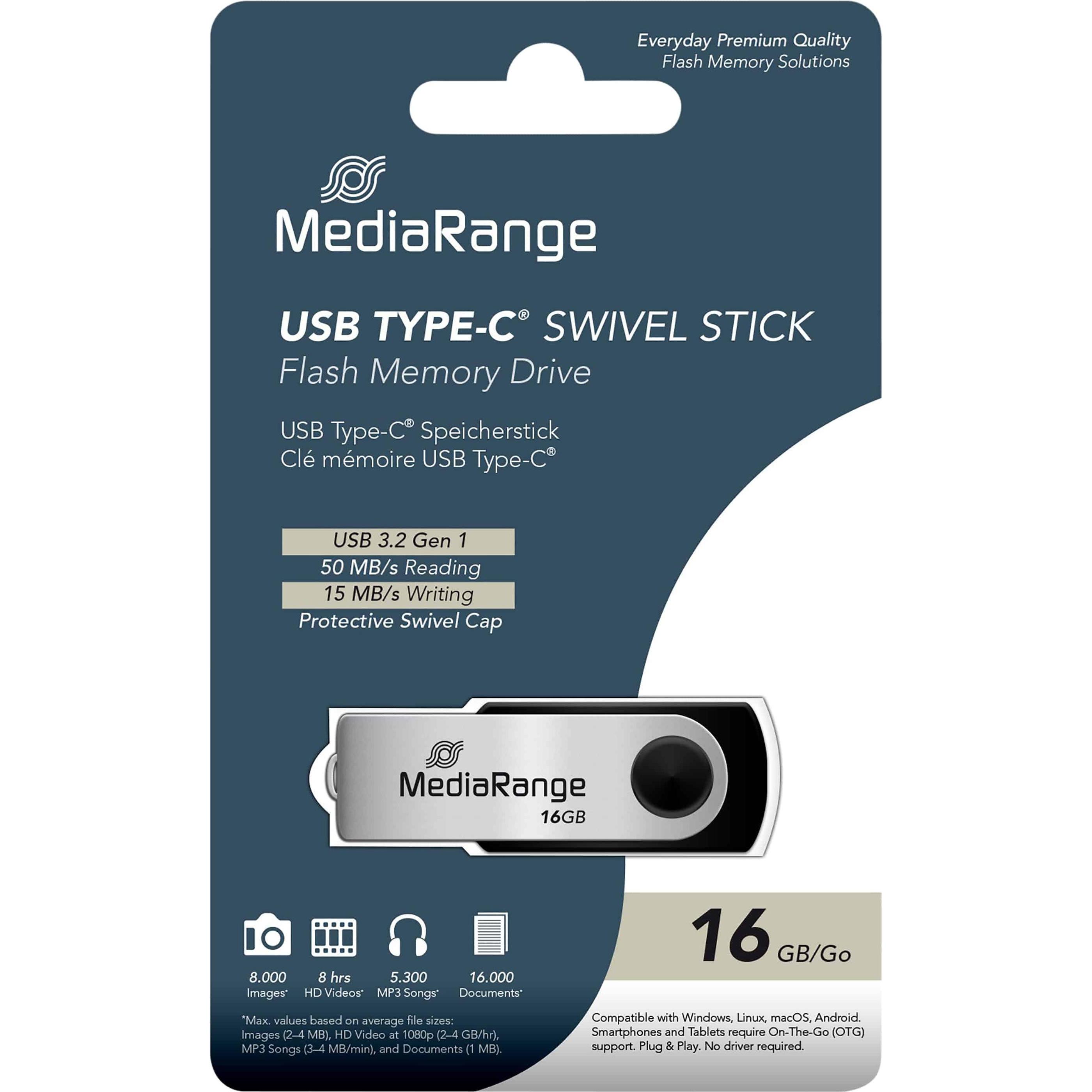 MediaRange Swivel Stick (16 GB, USB 3.2), USB Stick, Schwarz, Silber