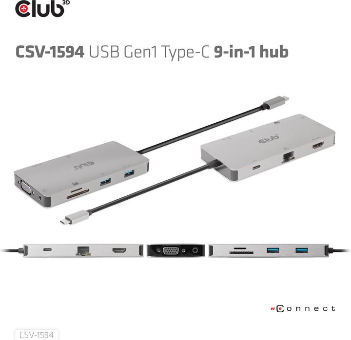 Immagine prodotto Club 3D Club3D USB 9-in-1 Hub USB-C > HDMI/VGA/2xUSB/USB-C//SD (USB-C, 9 porte)
