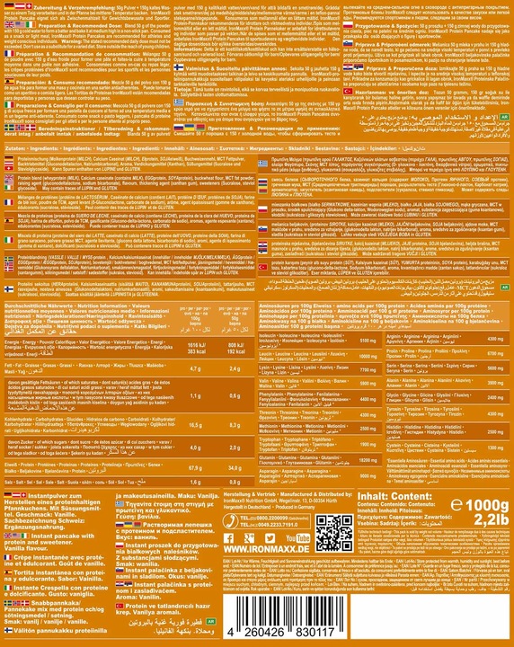 Nährwerte und Zutaten IronMaxx Protein Pancake (1000g Beutel) (Vanille, 1 Stk., 1000 g)