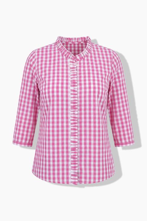 Actual product image Ulla Popken Checked Ruffle Trim 3/4 Sleeve Button-Down Shirt (60)