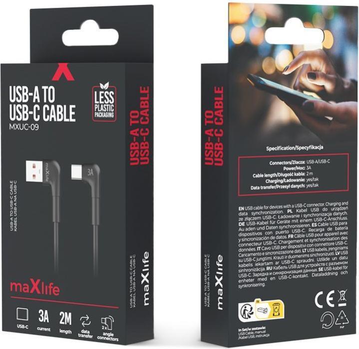 Produktbild Maxlife MXUC-09 angle cable USB - USB-C 2,0 m 3A black (2 m, USB 2.0, 15 W)