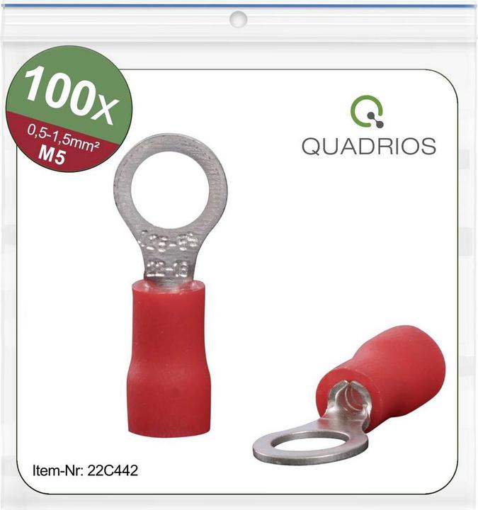 Produktbild Quadrios 22C442 Ringkabelschuh Querschnitt (max.)=1.5 mm² Loch-Ø=5.3 mm Teilisoliert Rot 1 Set
