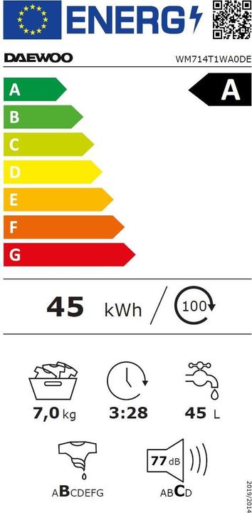 Label énergétique Daewoo WM714T1WA0DE (7 kg, Gauche)