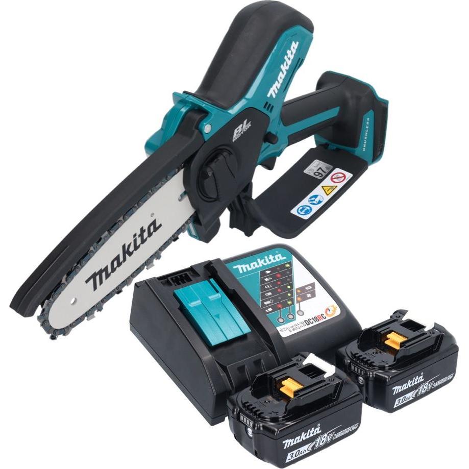 Makita, Motosega, DUC 150 RF2 Akku Kettensäge 18 V 15 cm Brushless + 2x Akku 3,0 Ah + Ladegerät (Sega a catena a batteria)