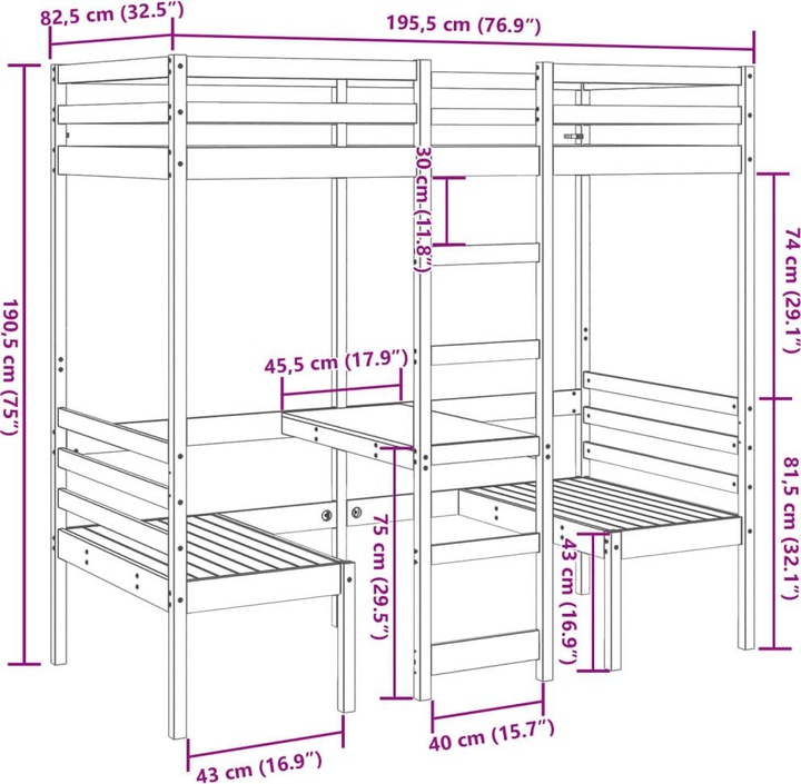 Valeurs nutritives et ingrédients VidaXL Lit superposé avec bureau & chaises (75 x 190 cm)