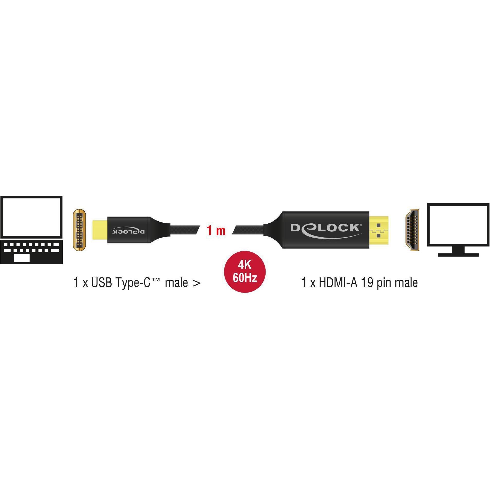 Thumbnail - Delock HDMI (Typ A) — USB Typ C (1 m, HDMI, USB Typ C), Video Kabel