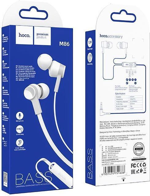 Produktbild Hoco Wired headphones wire earphones Jack 3,5 mm with microphone M86 white (Kabelgebunden)