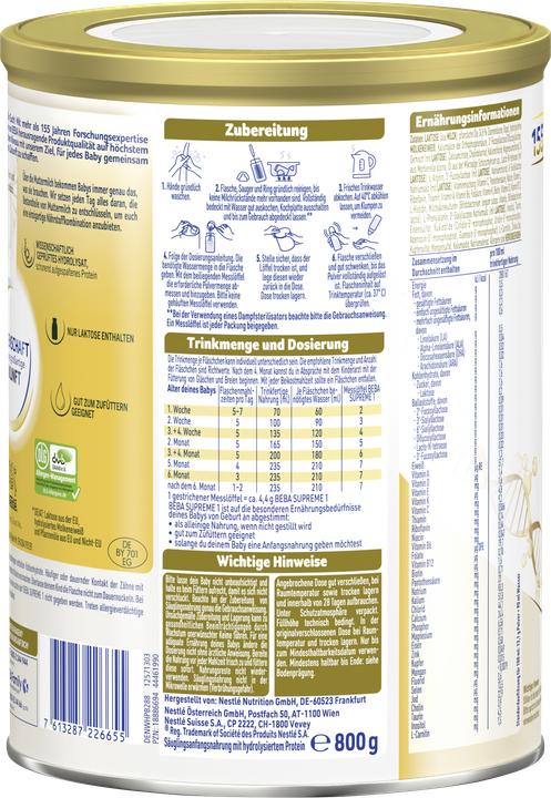 Nutritional values and ingredients Beba Supreme 1 Plv (800 g, from birth)
