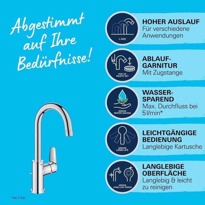 Produktbild Grohe StartEdge Lavaboarmatur, wassersparend, Zugstangen Ablauf, Schnell-Montage-System, L-Size, chrom