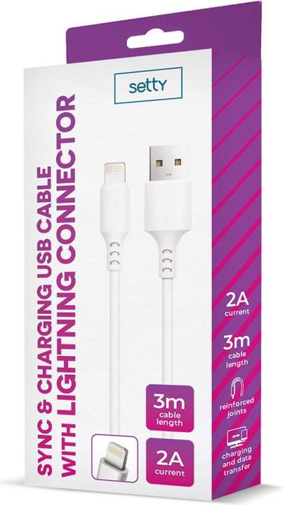 Produktbild Setty Kabel USB - Lightning 3,0 m 2A weiss NEU (3 m, 10 W)