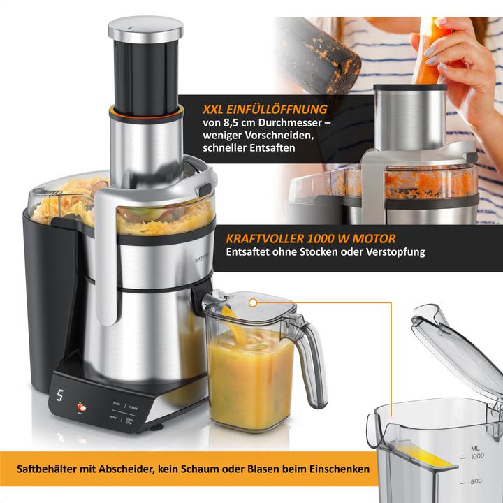 Actual product image Arendo Zentrifugalentsafter,1000W, Edelstahl, XXL-Einfüllschacht, Programme, BPA-frei, Display, Tropfstopp