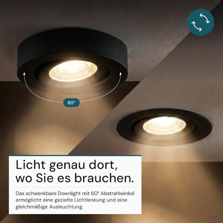Produktbild Luxula LED CCT Downlight, Ein- und Aufbaustrahler, schwenkbar, schwarz, dimmbar, 5 W, 420 lm (420 lm)