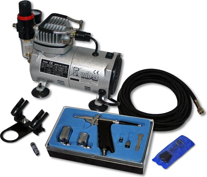 Actual product image Wiltec Airbrush Compressor Set for Beginners with AS18-2 1 Airbrush Gun and Multiple Accessories