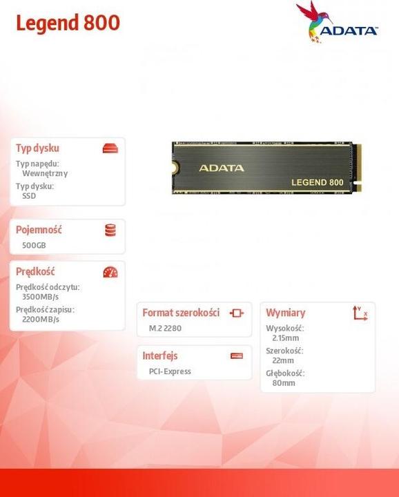 Produktbild Adata SSD 500GB LEGEND 800 M.2 PCI4 M.2 2280 (500 GB, M.2)