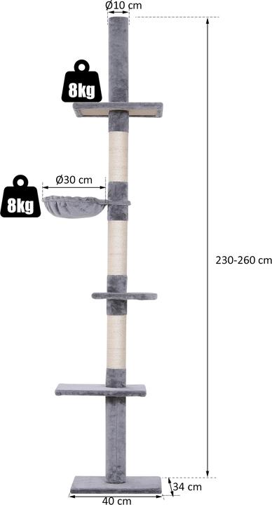 Produktbild PawHut Kratzbaum höhenverstellbar (260 cm, Grau)