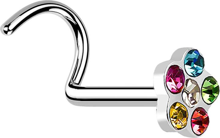 Immagine prodotto Star Piercing Nasenstecker gebogen silber mit Blume und 5 Kristalle farbig (Acciaio chirurgico 316L)