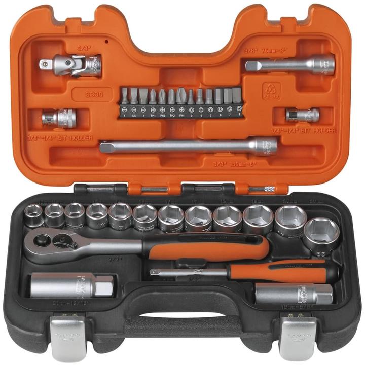 Actual product image Bahco 1/4"- und 3/8"-Steckschlüssel-Satz, metrisch, Sechskant, inklusive Umschaltknarre - 34-teilig (3/8")