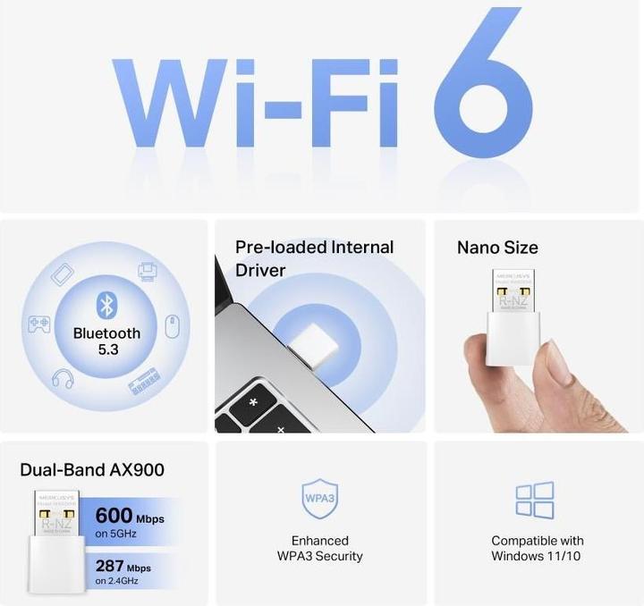 Produktbild Mercusys USB-WiFi-6-Bluetooth-AX900-Adapter, Nano, Dual-Band (USB 2.0)