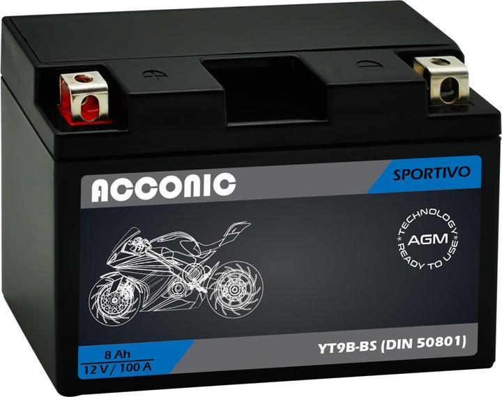 Acconic Sportivo AGM YT9B-BS Motorradbatterie 8 Ah 12V (DIN 50801) (12 V, 8 Ah)