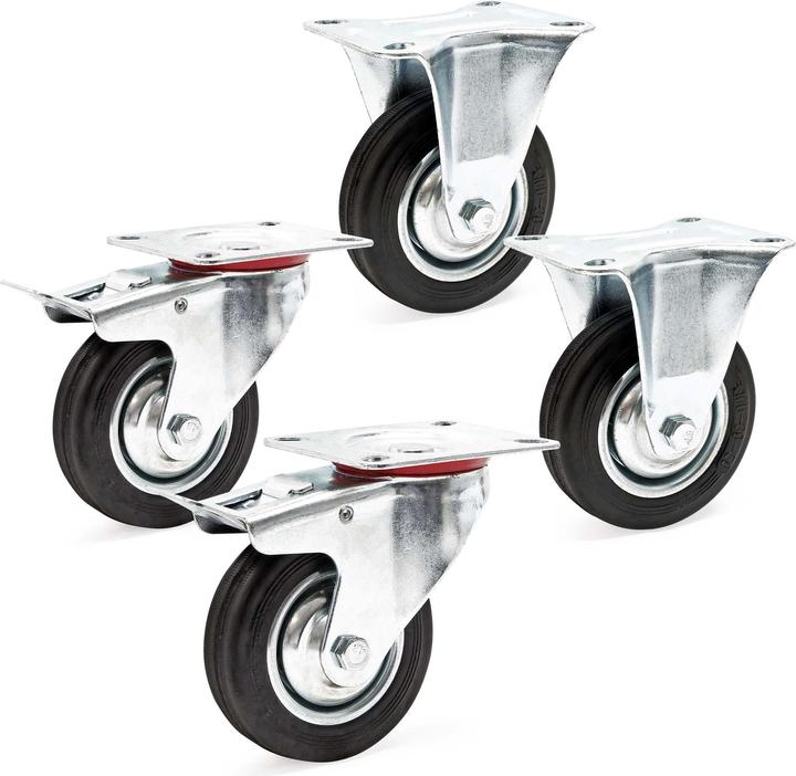 Wiltec Kit Roulettes 100mm 70kg/roue 2x Pivotantes double arrêt 2x Fixes Charge lourde Caoutchouc plein Pla