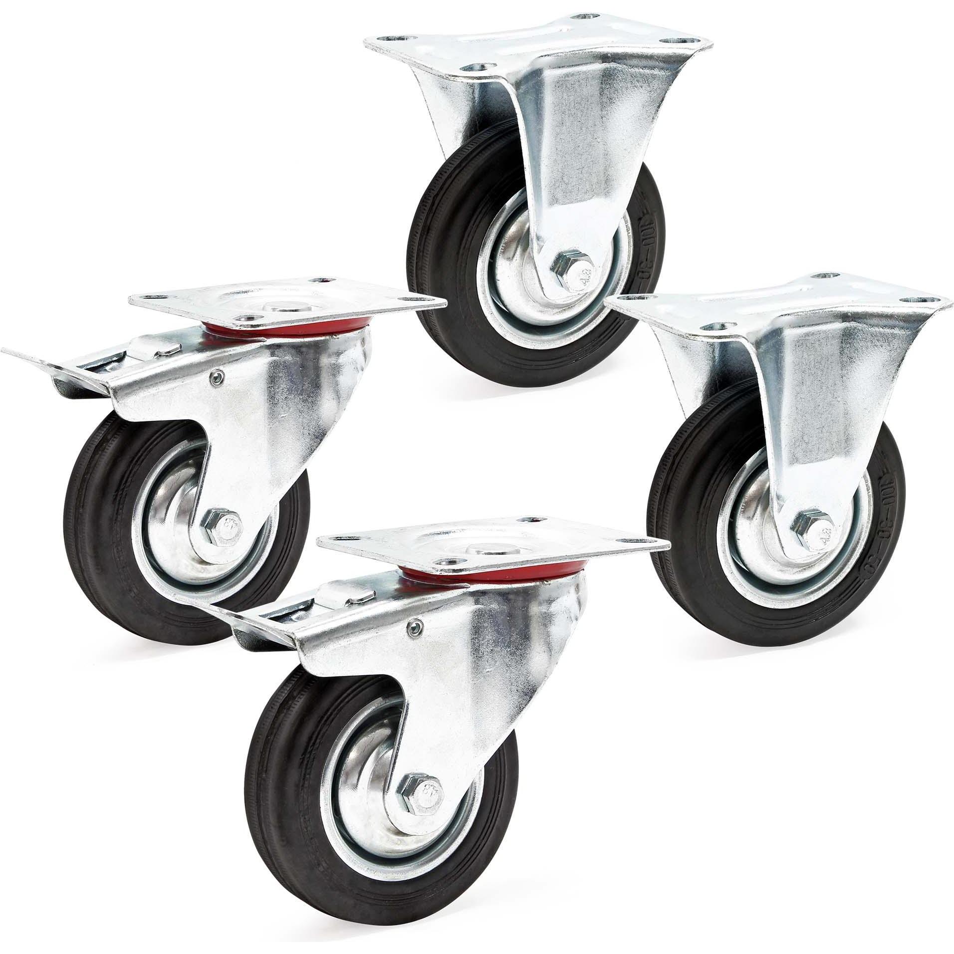 Wiltec, Möbelrollen, Transportrolle Set 2x Doppelstopp-Lenkrolle 2x Bockrolle Vollgummirad 100mm 70kg